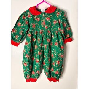 Vintage Toddle Tyke Baby Girls Green Floral Holiday Romper Red Corduroy 12M USA
